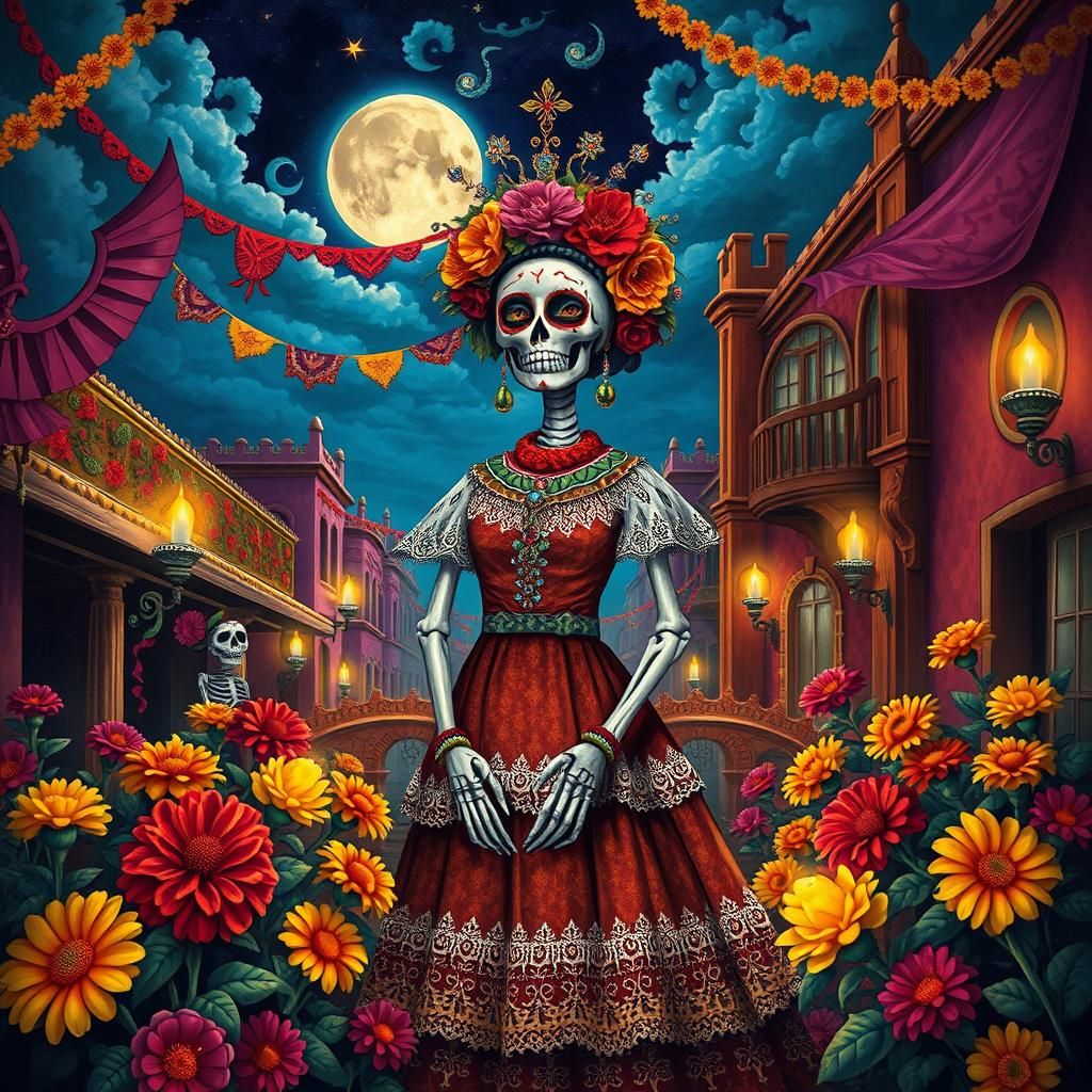 Regal Skeleton Queen in Dia De Muertos Scene