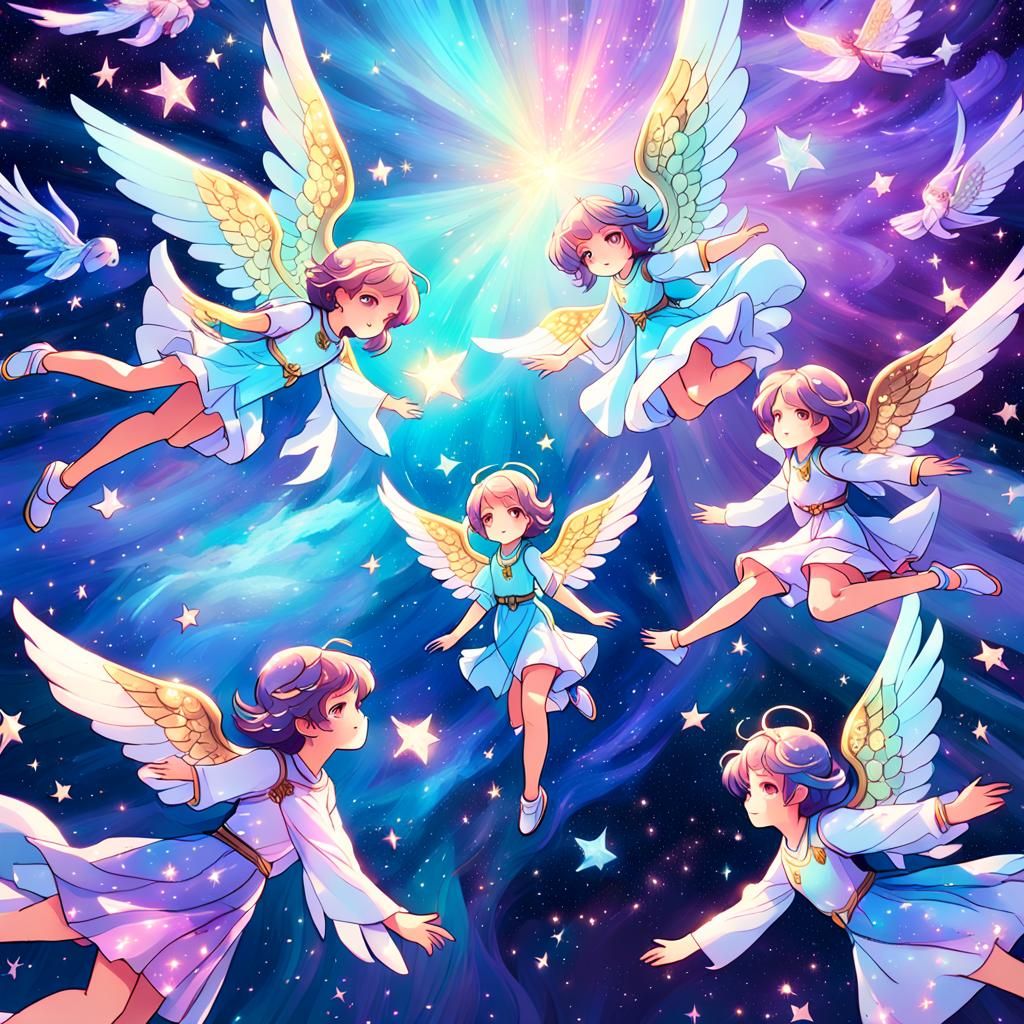 Angels Floating in Space in Anime Style