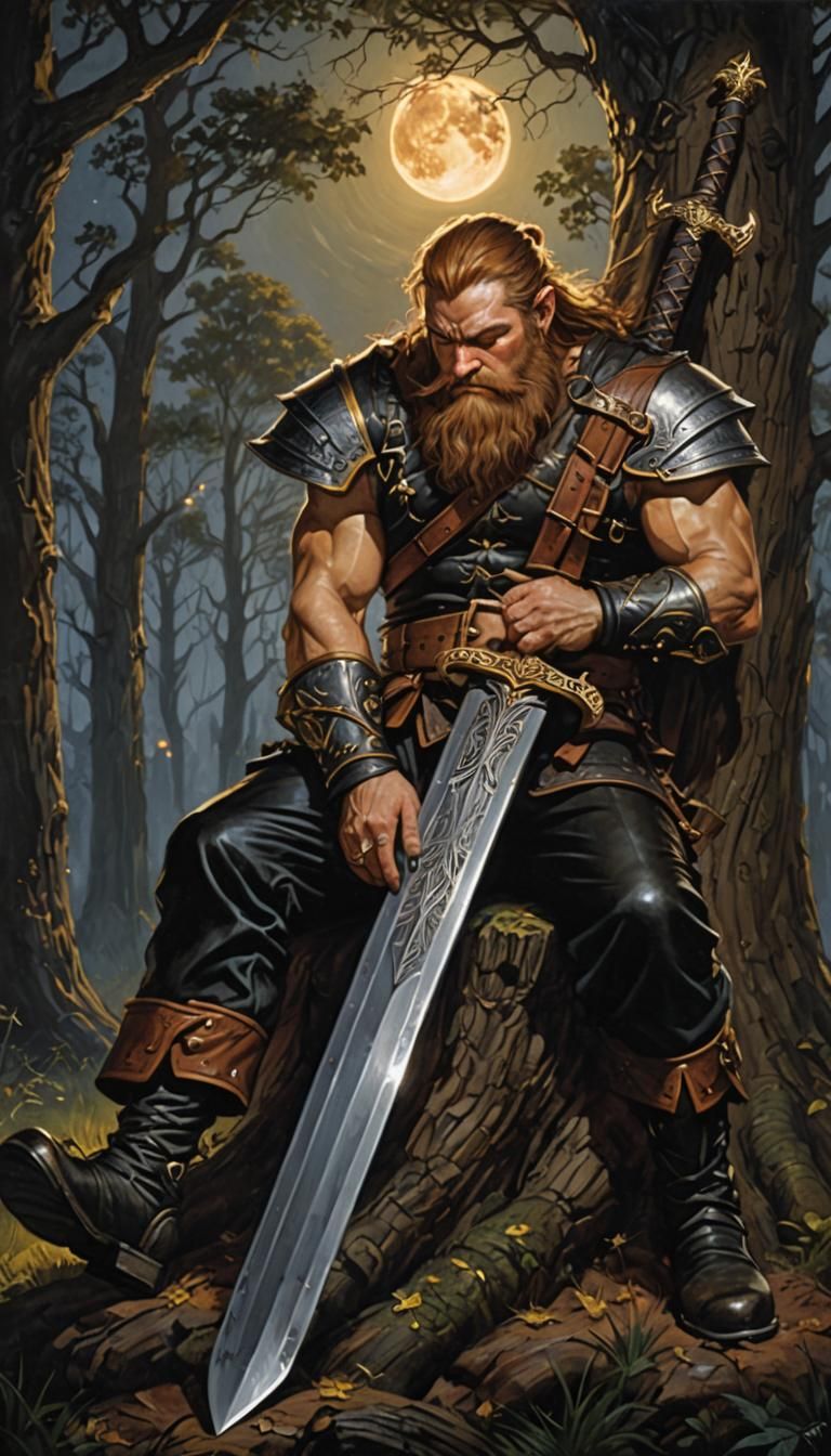 Dwarf Warrior in Moonlit Forest, Dark Fantasy Art