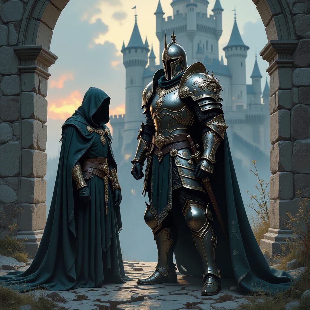 Regal Warrior and Cloaked Figure in Fantasy Scene