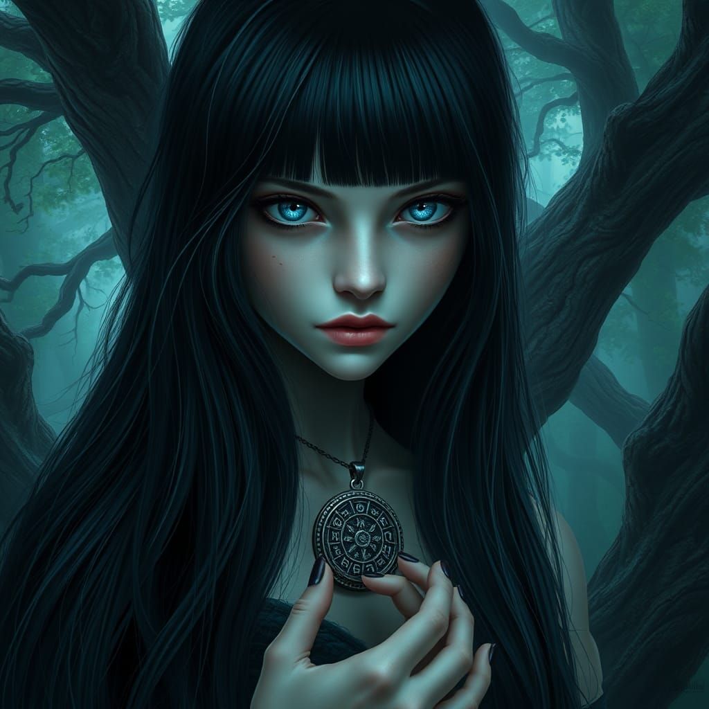 Mystical Girl with Raven Hair in Enchanted Forest