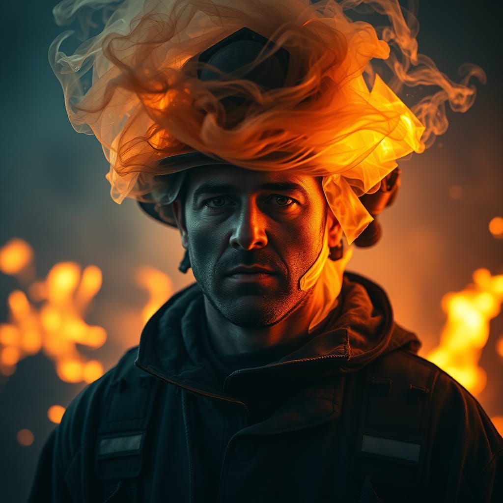 Firefighter with Swirling Smoke Helmet in Surreal Style