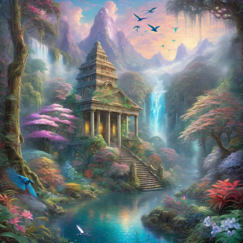 Rainforest Temple with Waterfall: Ethereal Illustration
