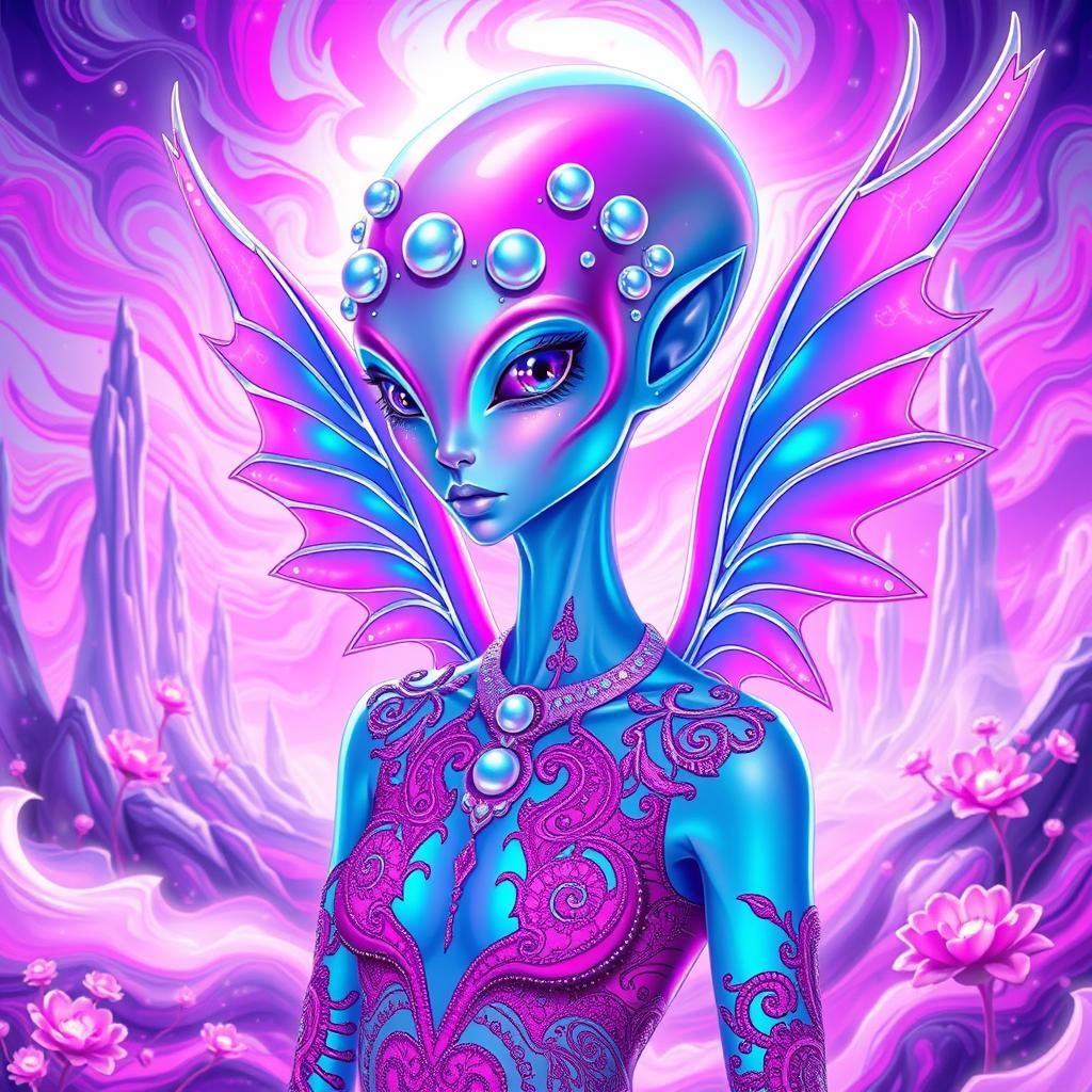 a funky sparkling alien female with an elongated head pale b...