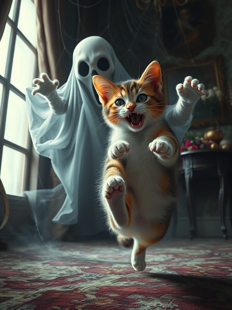 Cute Cat Sees Creepy Ghost in Haunted Manor