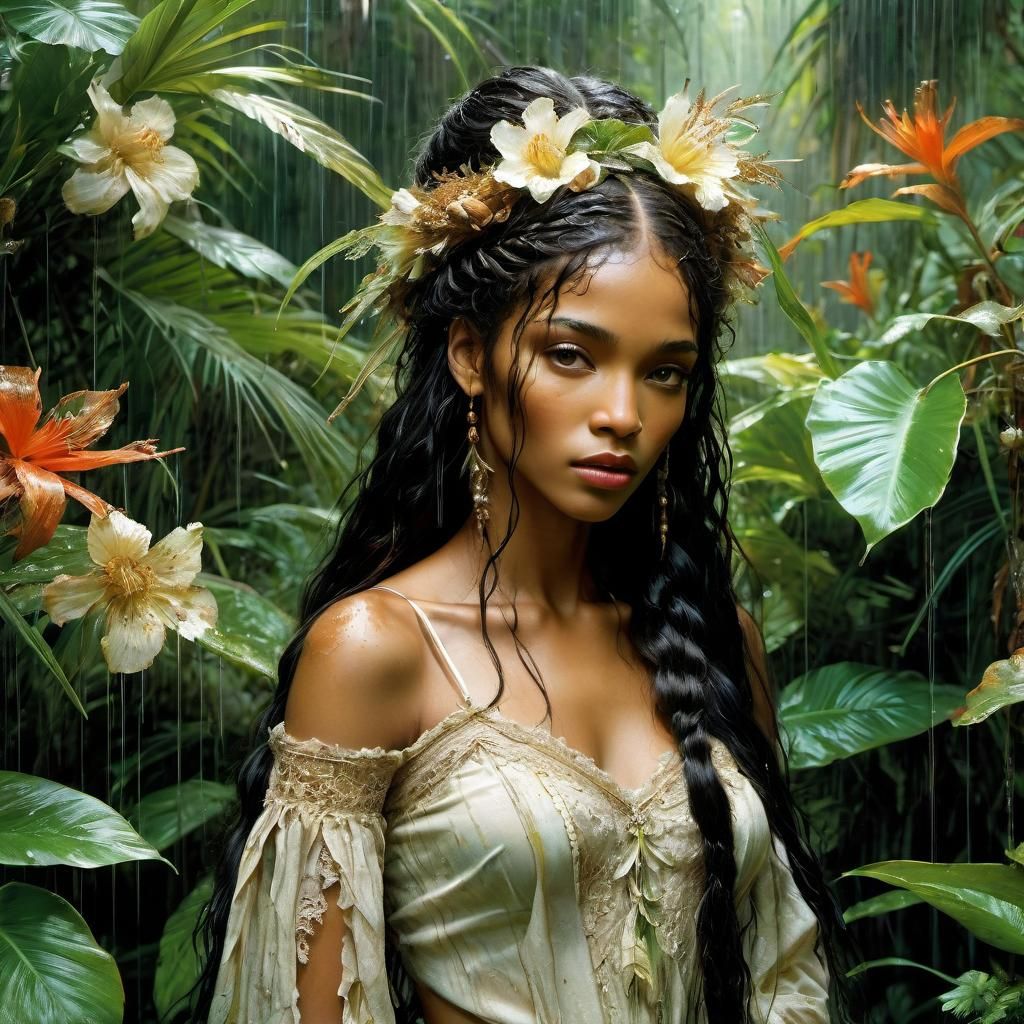 Caribbean Beauty in Rainy Jungle, Anime Style