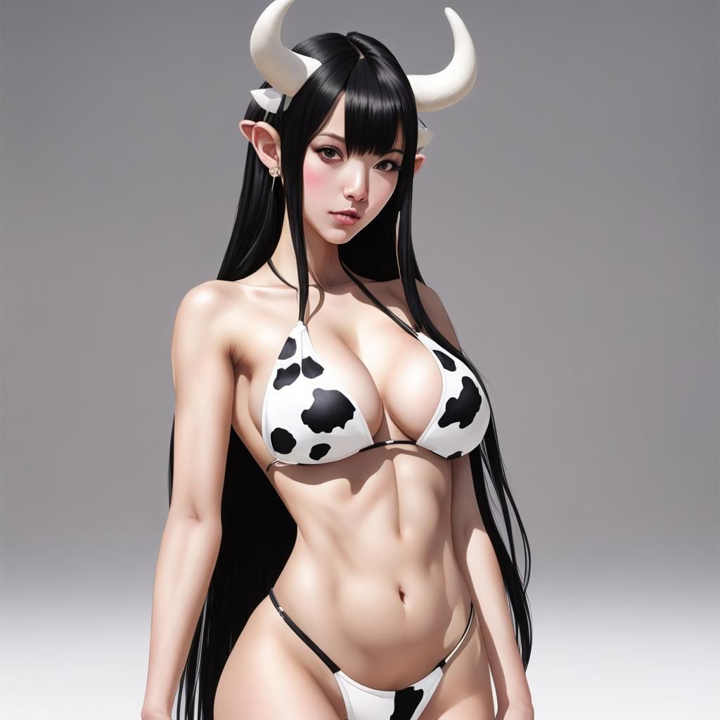 Cowgirl with Long Black Hair and Cow Bikini