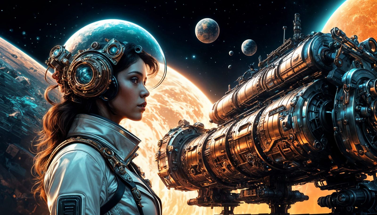 Steampunk Woman Explores Cosmic Landscape
