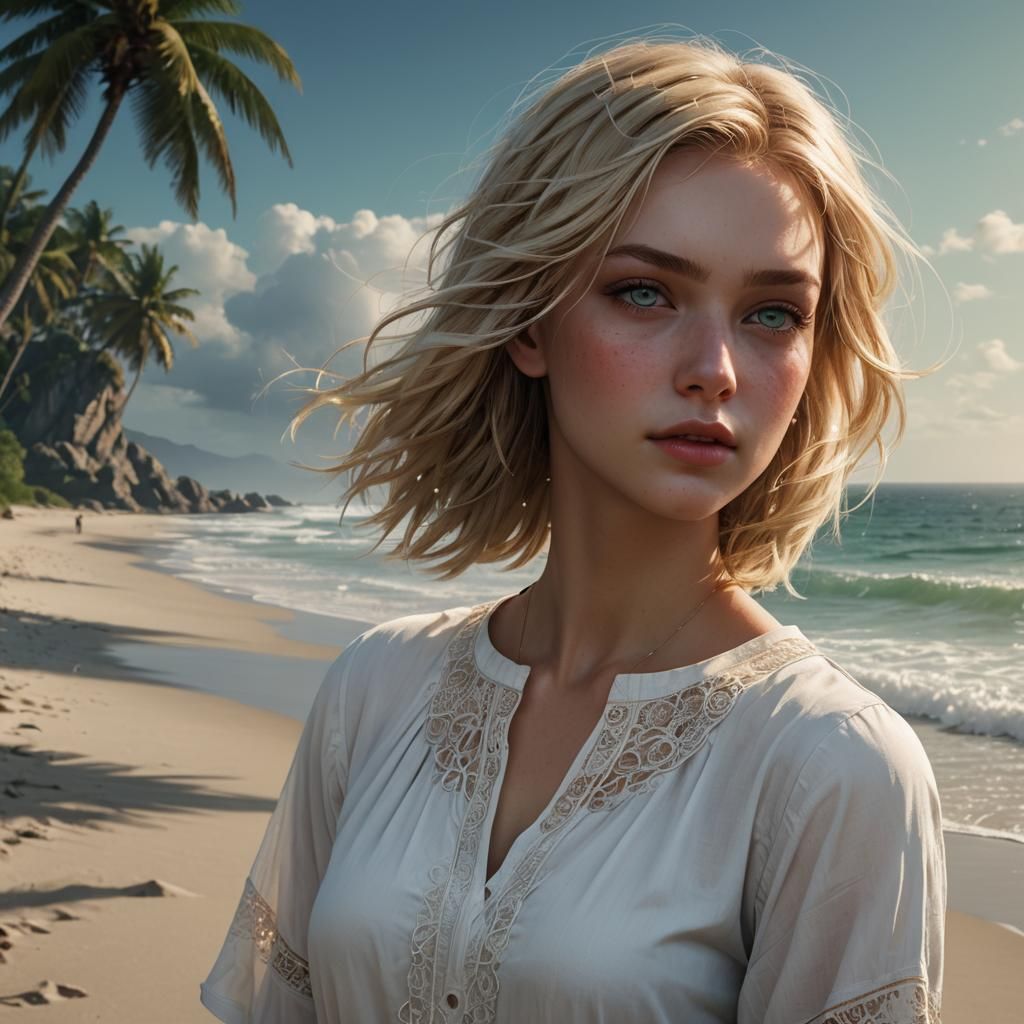 Teen Girl on Beach, Dark Fantasy Concept Art