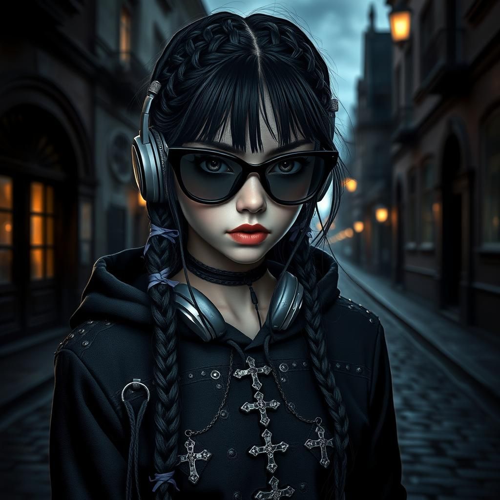 Gothic Girl in Dimly Lit Street: Digital Illustration