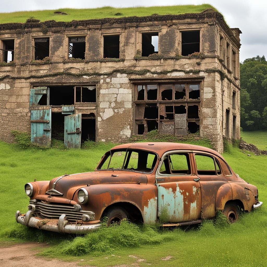 Eerie Abandoned Building with Rusted Car: Dark Fantasy Photo