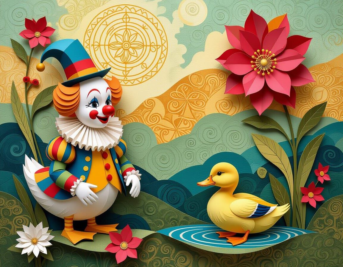 Clown Augustus Circus with Duckling in Paper Worlds