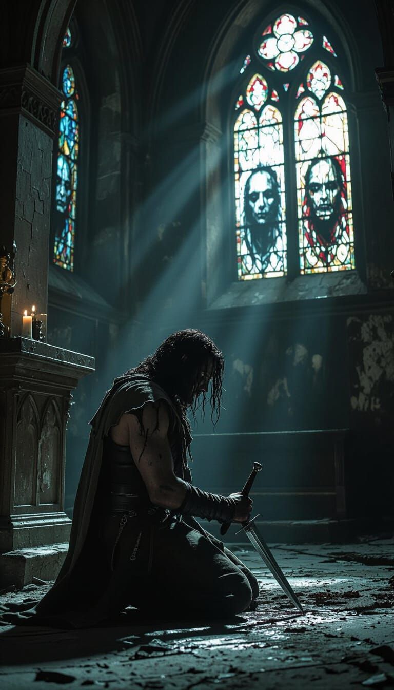 Gothic Hero in Decaying Church with Silver Dagger