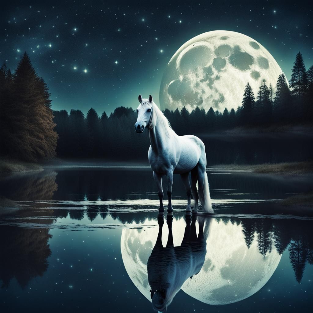 Woman and White Horse Under Full Moon