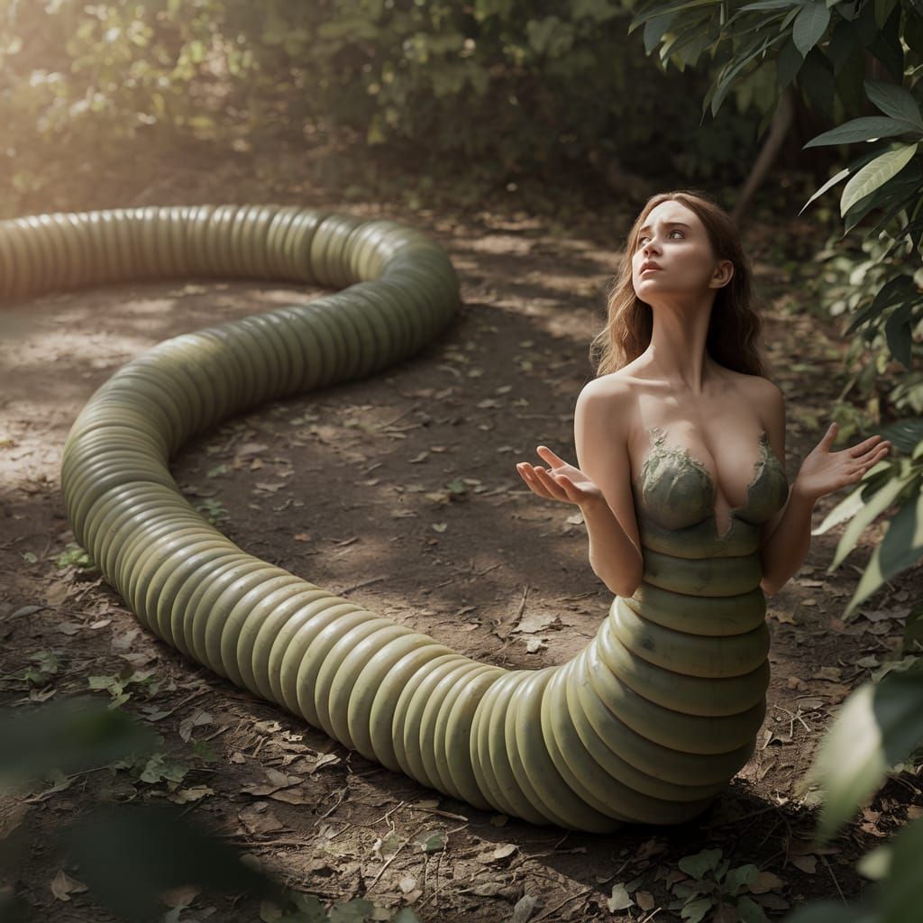 Surreal Earthworm Woman in Forest Sunlight