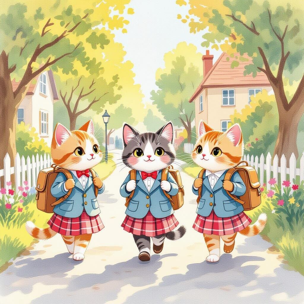 Cats in School Uniforms: Whimsical Watercolor Illustration