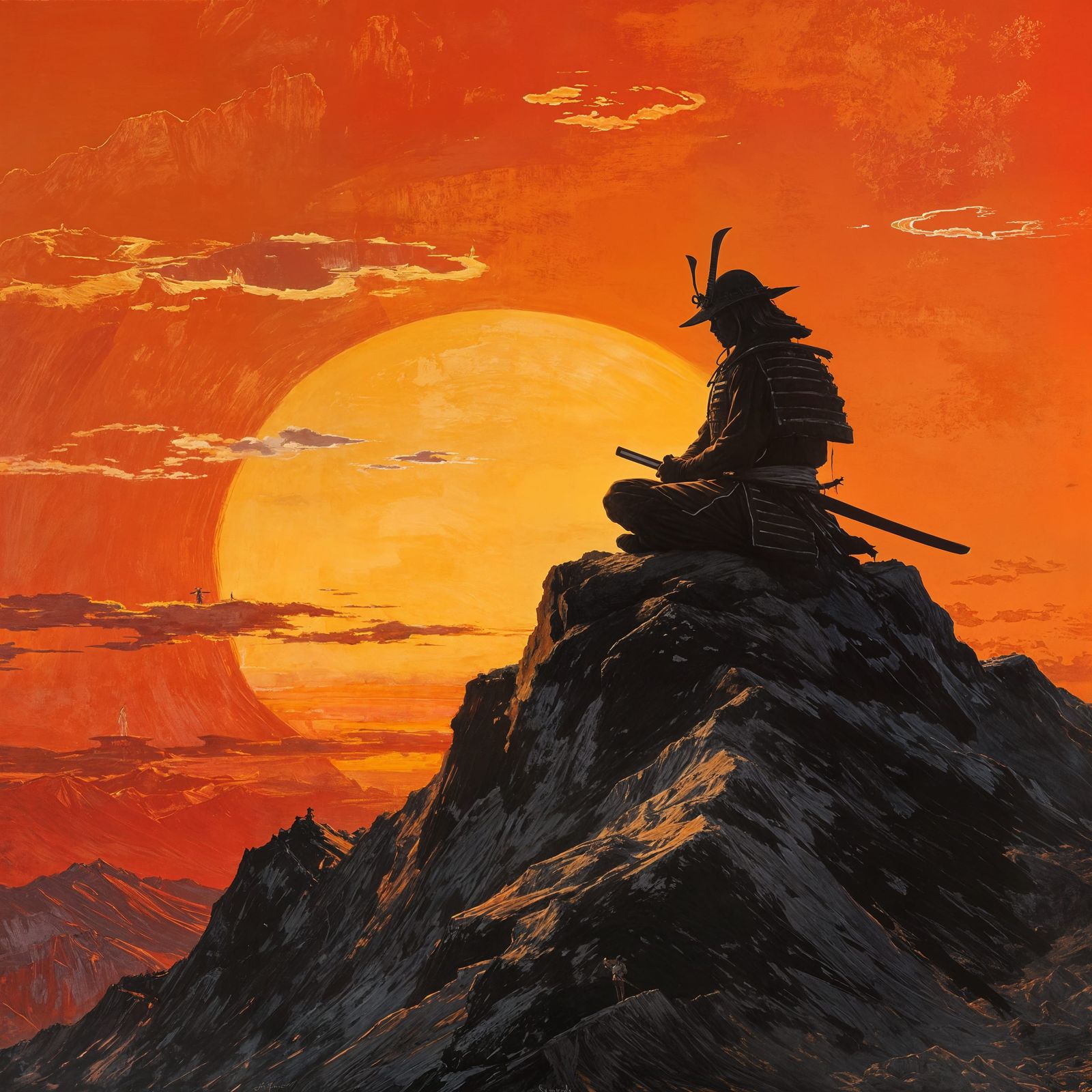 Samurai Meditating on Mountain Peak at Sunset