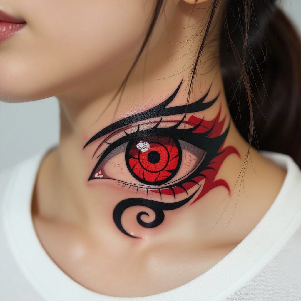 Sharingan Tattoo on Neck: Hyperrealistic Ink Art