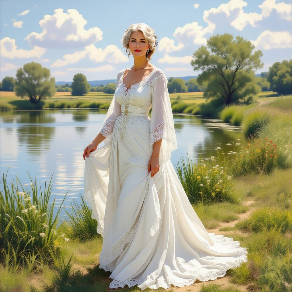 Elegant Woman in White Gown, Impressionist Style