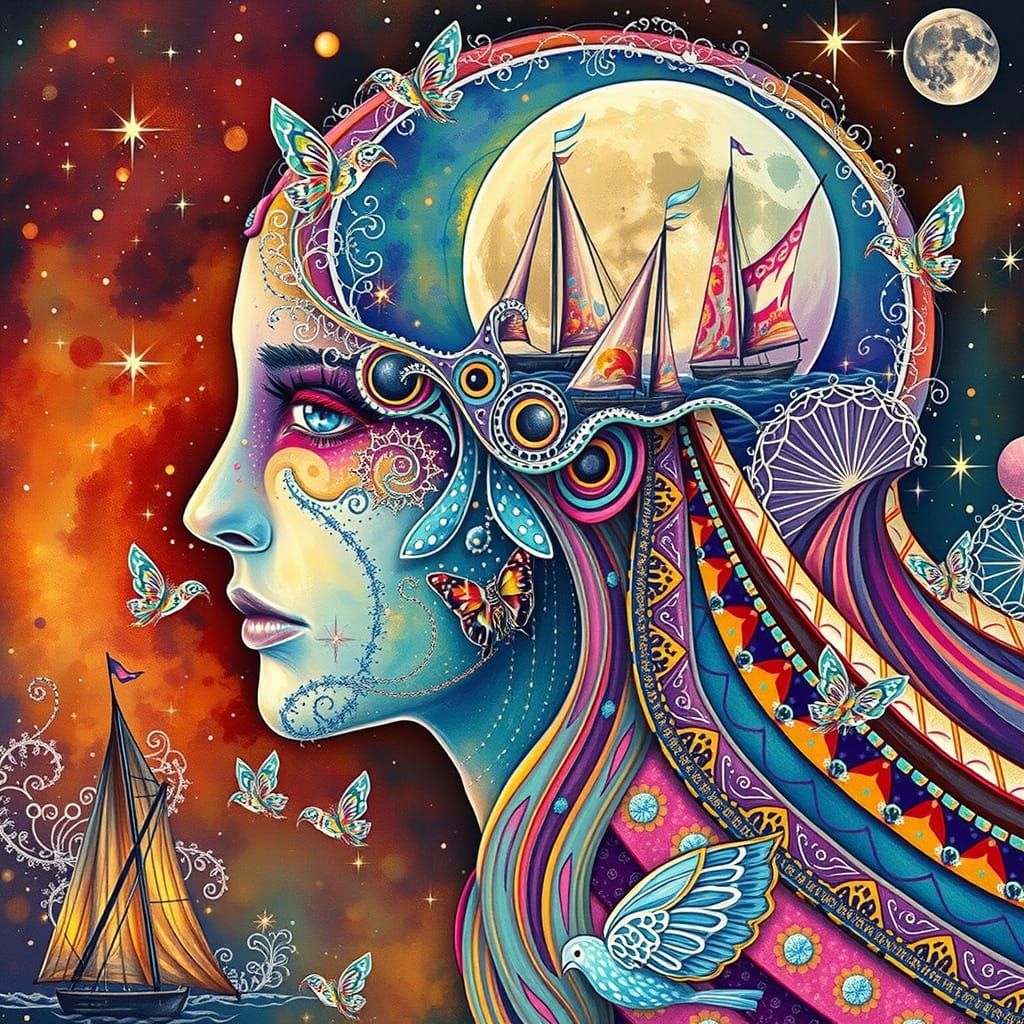 Whimsical Full Moon Scene with Sailboats and Sparkling Water