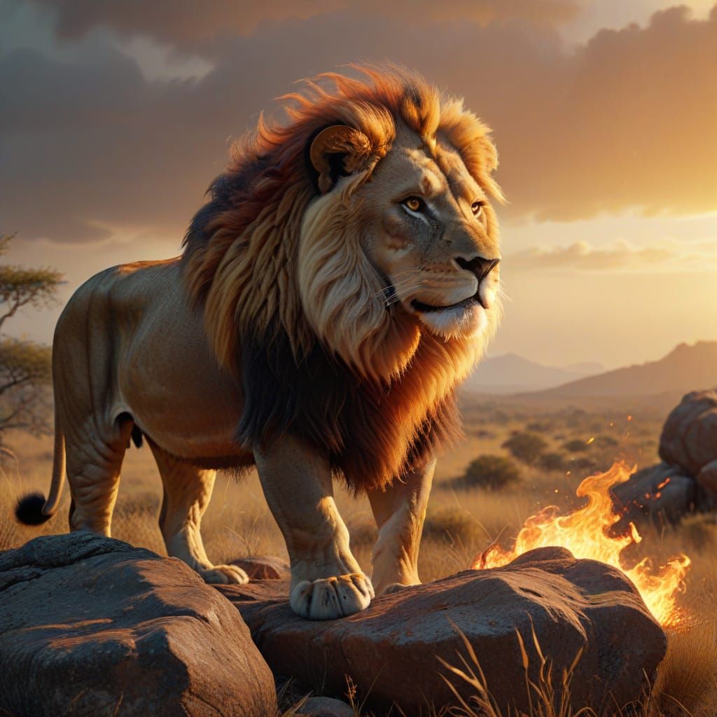 Fiery Lion Overlooking Sun-Drenched Savanna, Digital Art