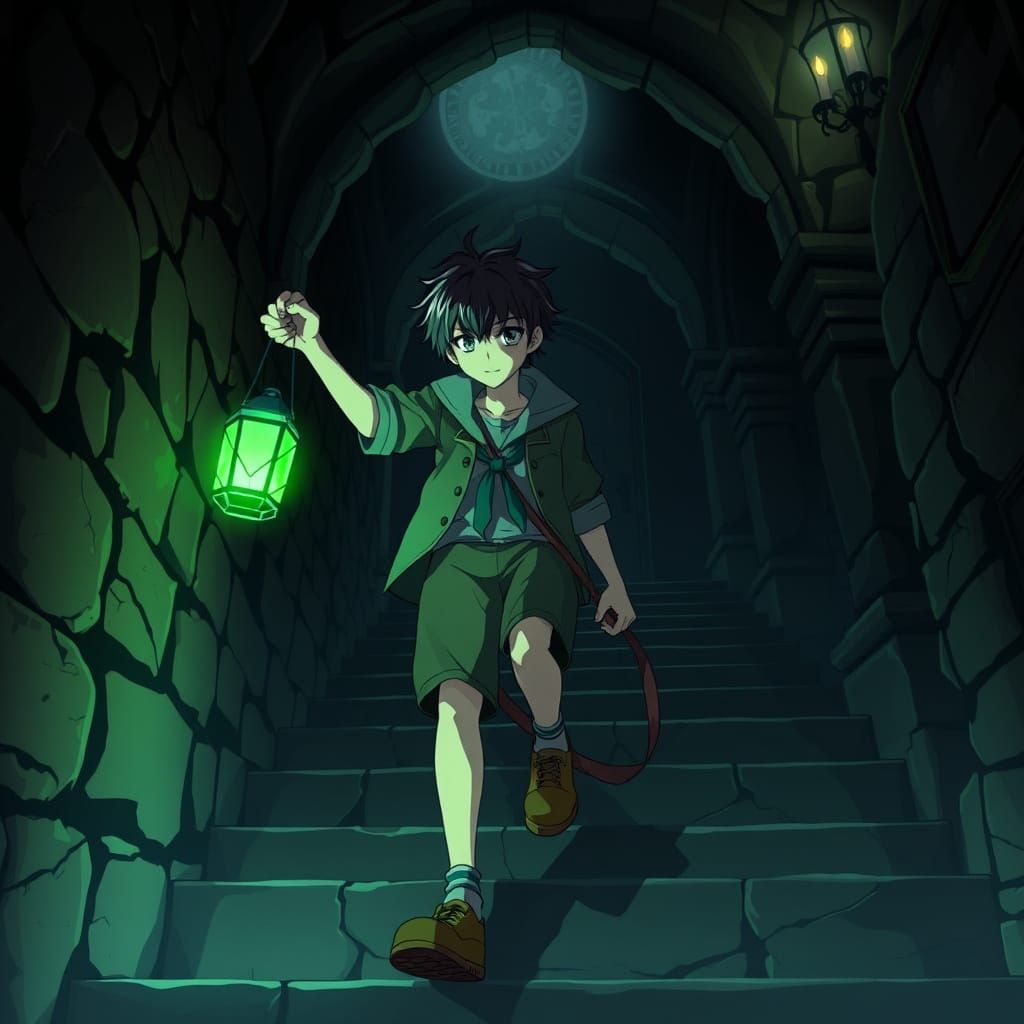 Anime Boy Descends Crypt Stairs with Glowing Lantern