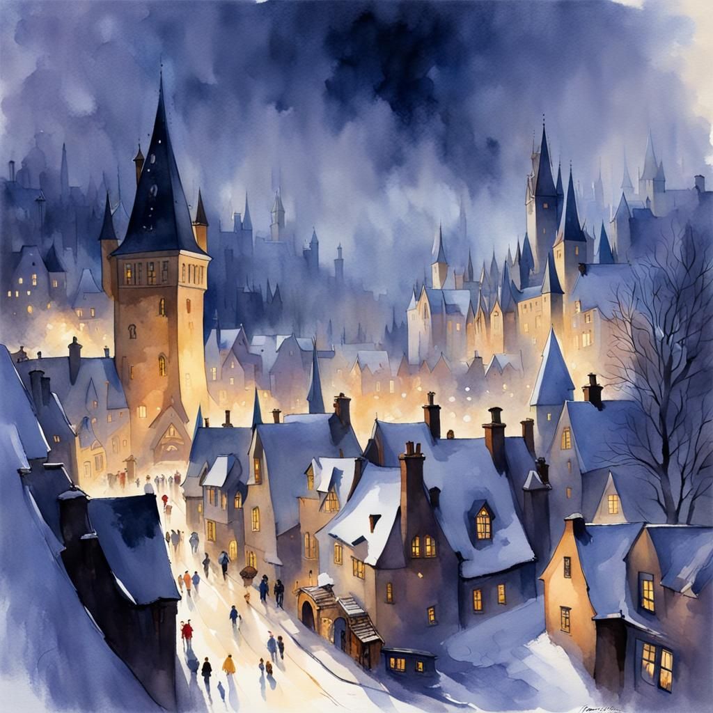 Magical Hogsmeade Village Panorama in Watercolor
