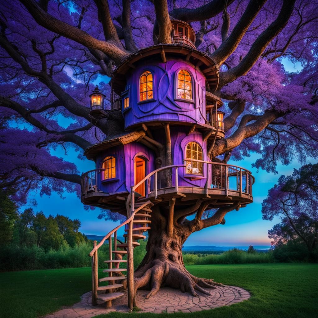 Whimsical Treehouse in Magical Realm Under Moonlight