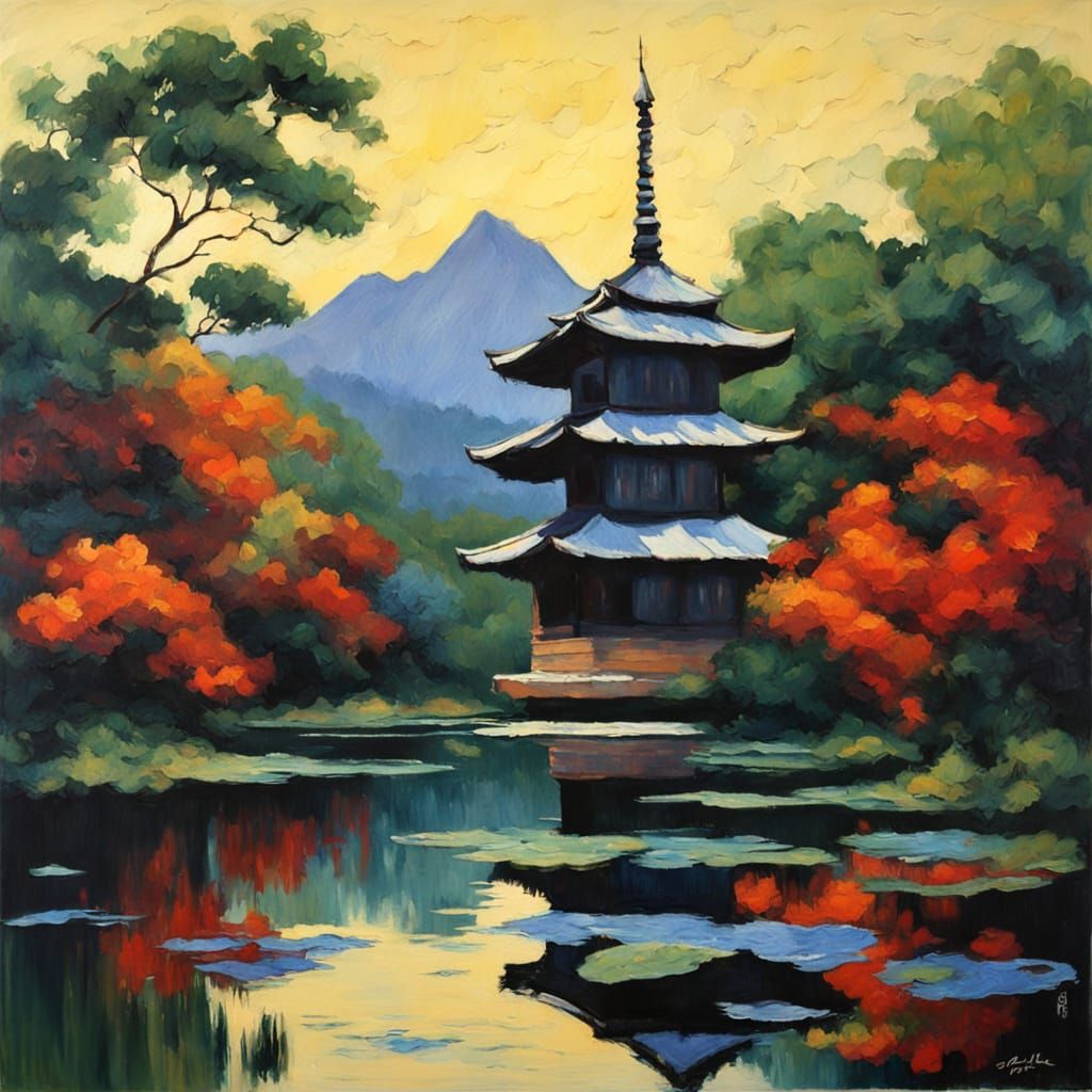 Serene Fish Pond with Pagoda in Impressionistic Style