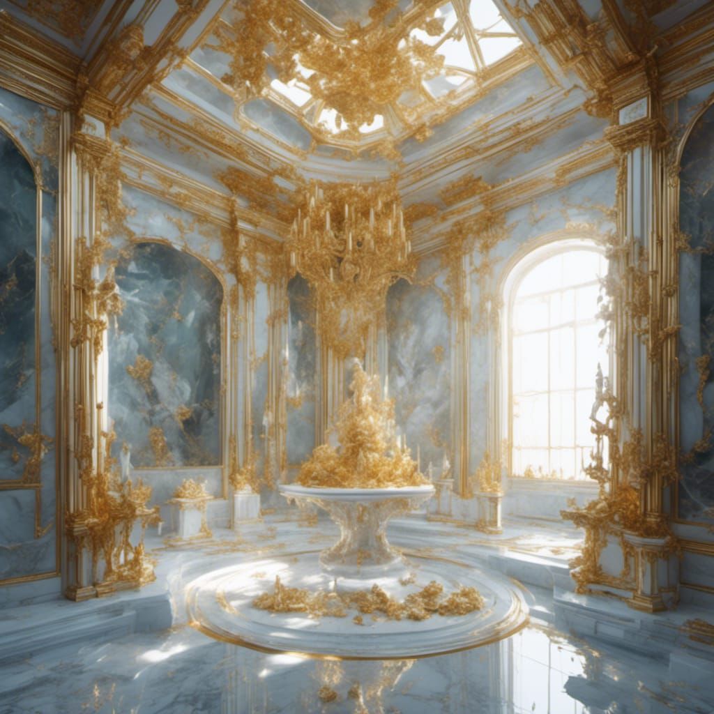 Surreal Golden Marble Room with Giant Pool