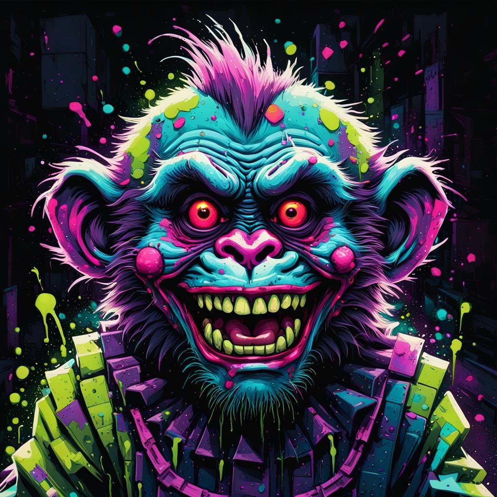 Cyberpunk Zombie Monkey Clown in Neon Alleyway