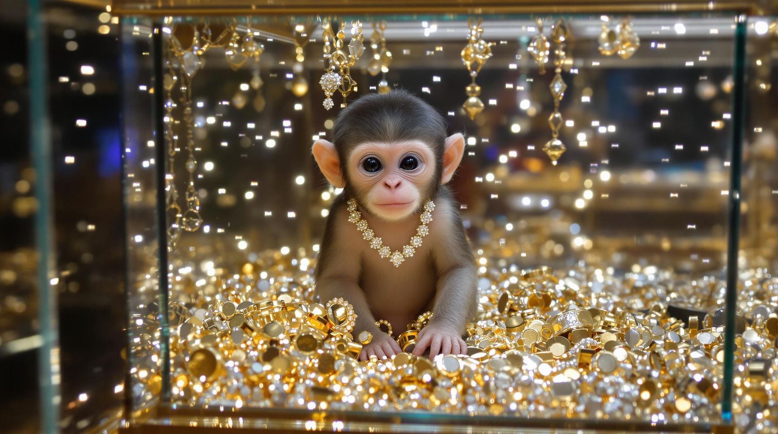Luxurious Baby Monkey Surrounded by Glowing White Gold Jewel...