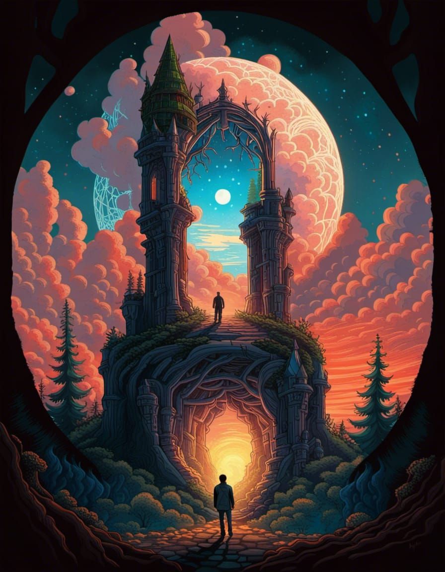 Man Enters Forest Portal in Surreal Illustration
