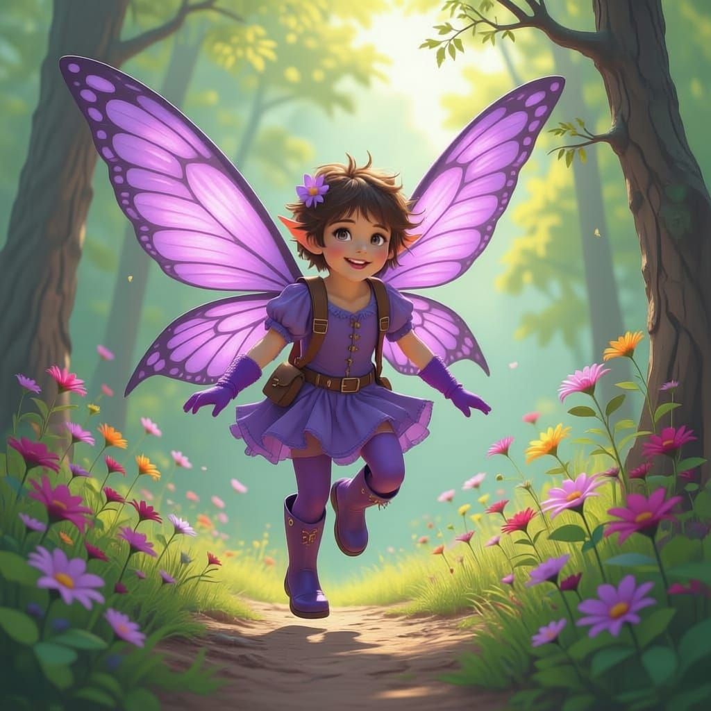 Fairy Boy in Purple Wood Attire Flying Above Forest