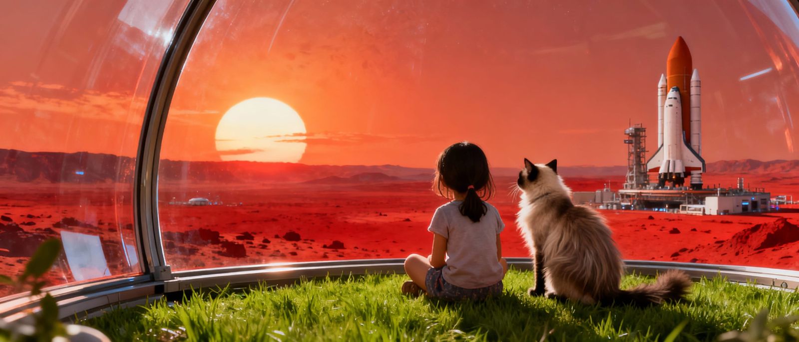 Girl and Siamese Cat Watch Martian Sunset from Glass Dome