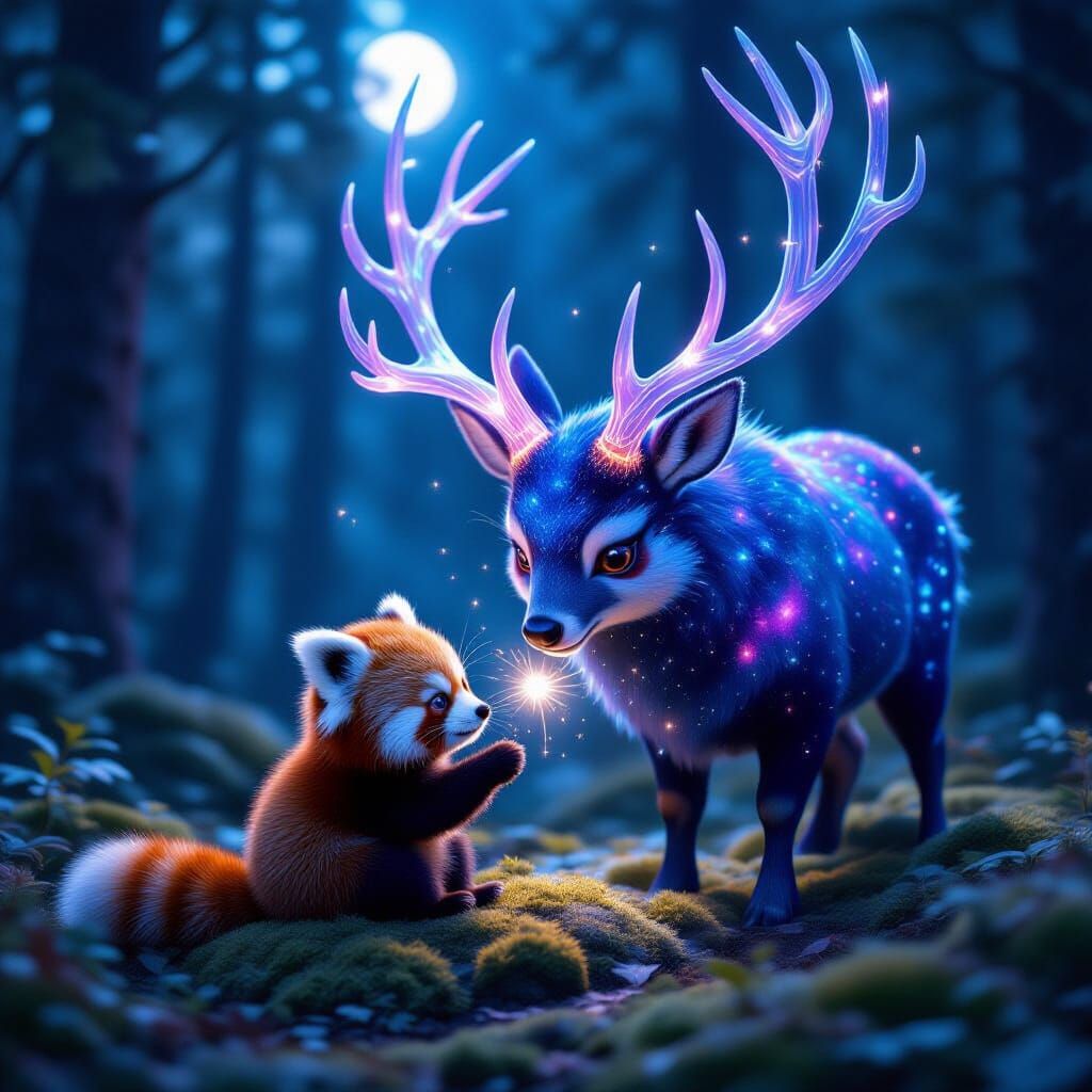 Celestial Stag and Red Panda in Moonlit Forest