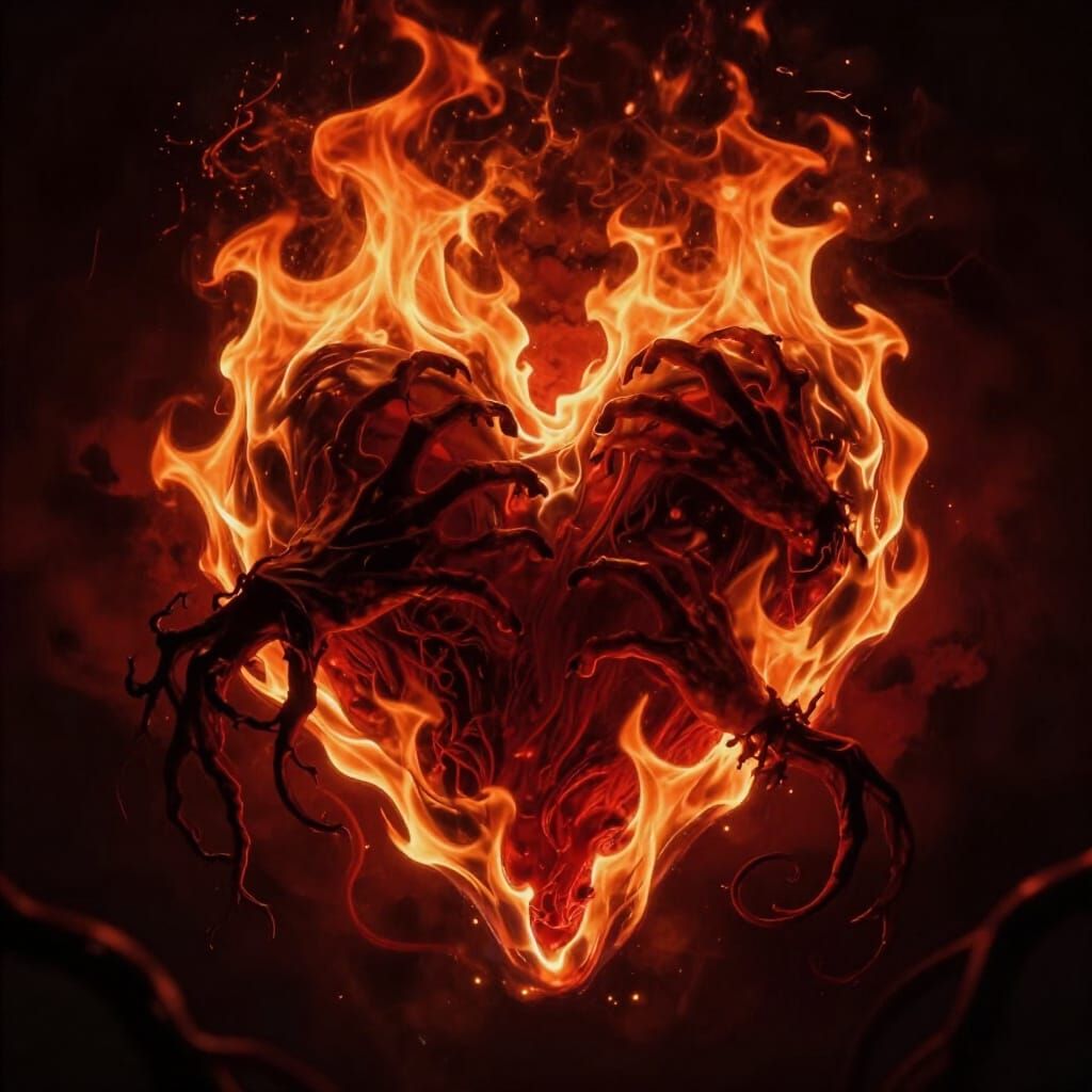 Fiery Heart with Terrifying Tendrils in Dark Fantasy Style