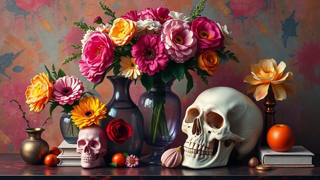 Hyperrealistic Vanitas Still-Life with Flowers and Skull