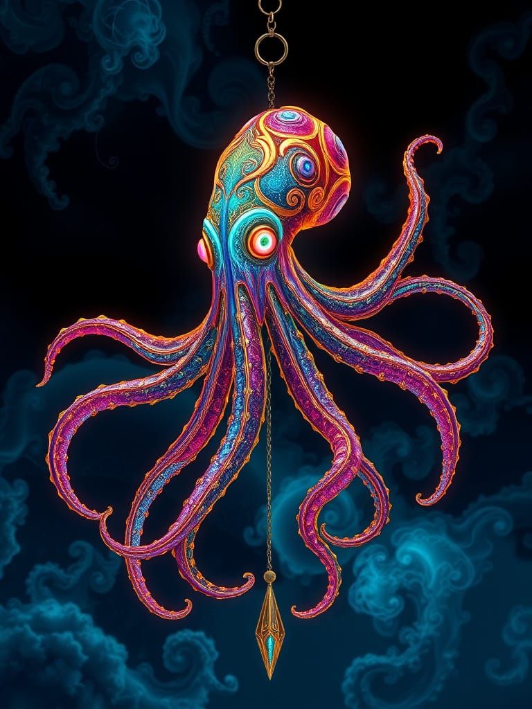 Giant Rainbow Serpent Squid Wind Chime in Midnight Depths