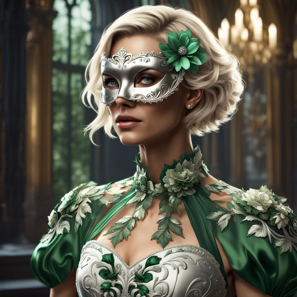 Debutante in Floral Gown and Masquerade Mask