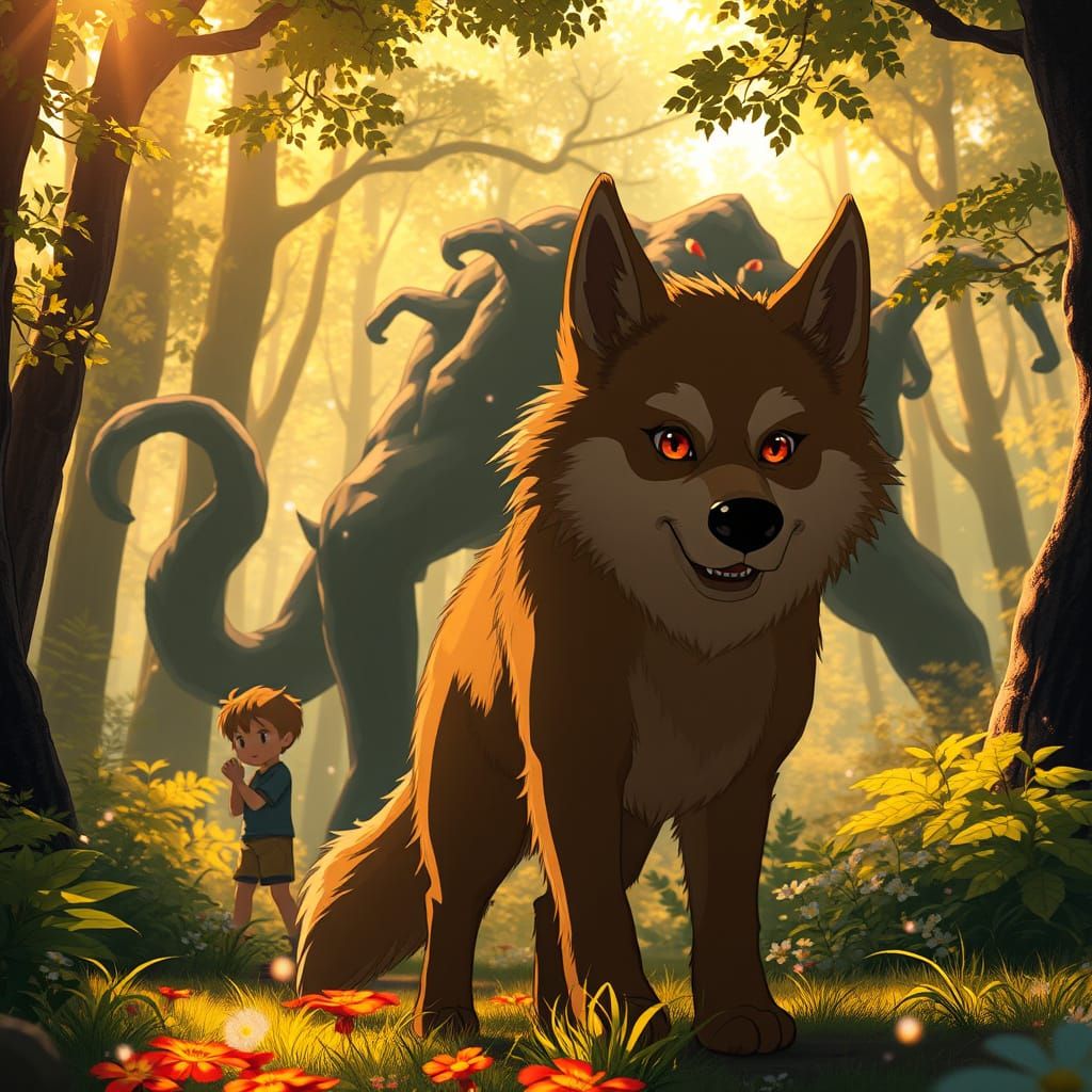 Heroic Canine Guardian in Whimsical Forest Realm