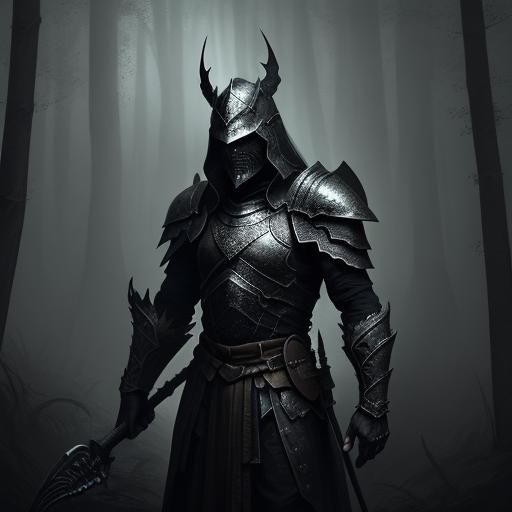 Dark Spearman in Misty Forest: Fantasy Illustration