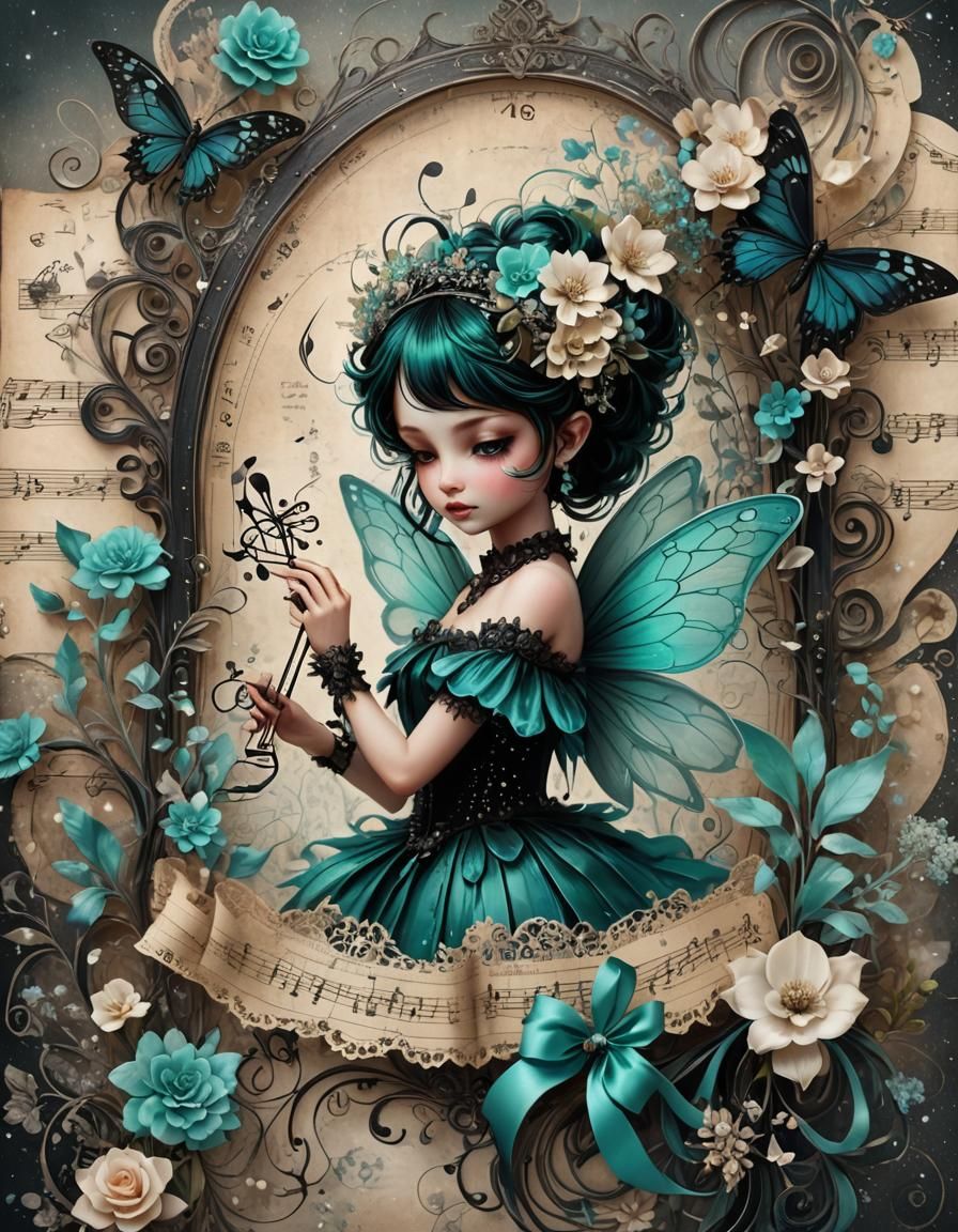 Vintage Fairy with Flowers, Ribbons and Pearls