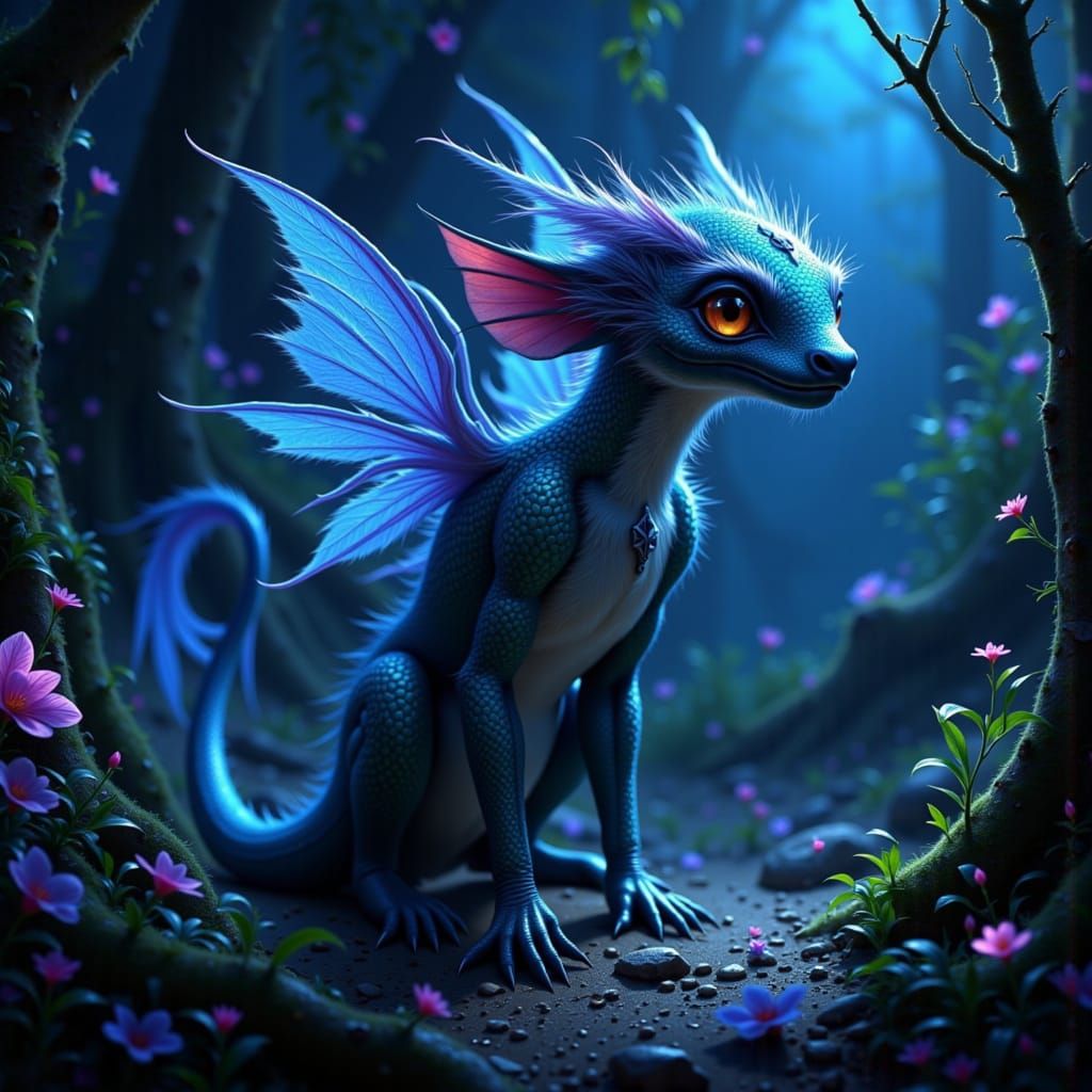 Fantastical Creature in Bioluminescent Forest Digital Painti...