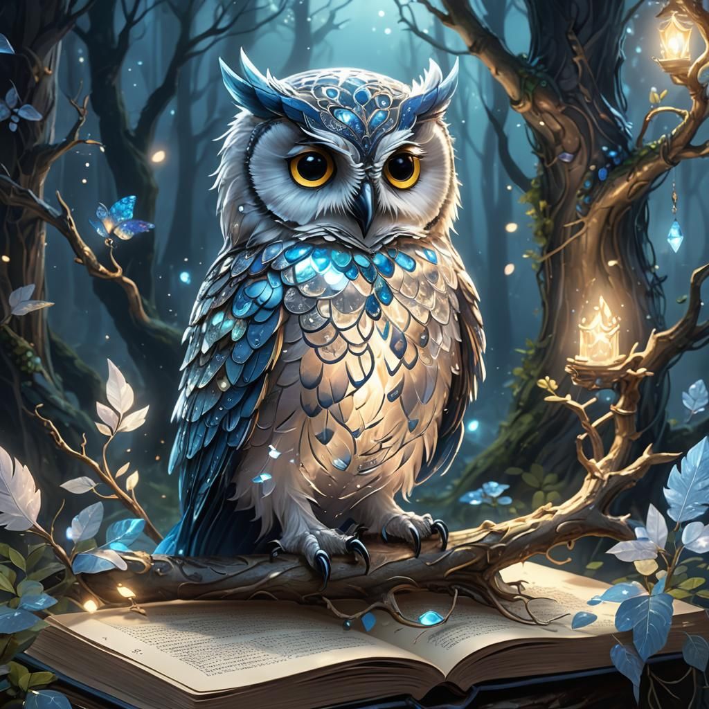 Magical Crystal Owl Reads in Moonlit Forest
