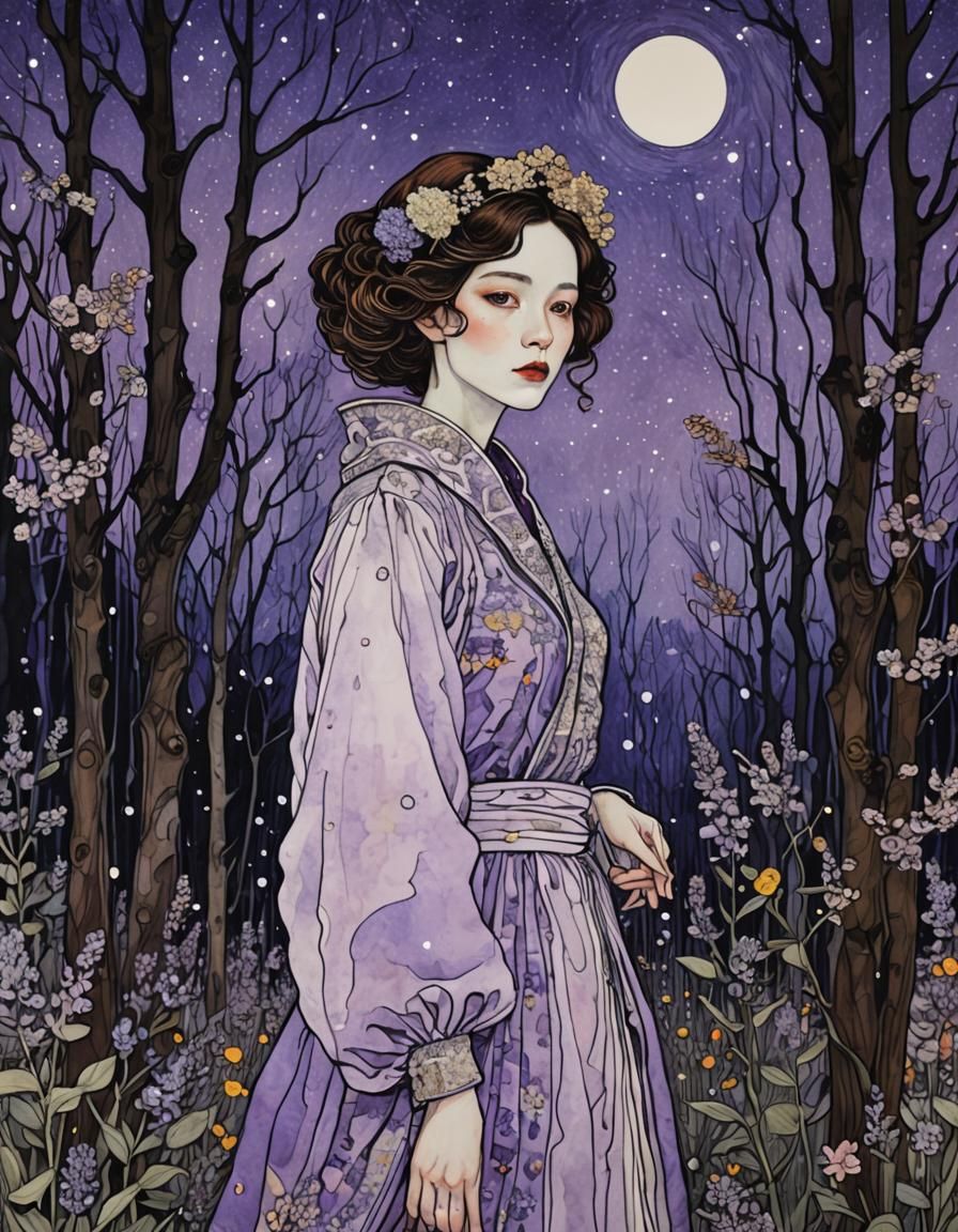 Purple Night Sky over Lavender Forest, Line Drawing