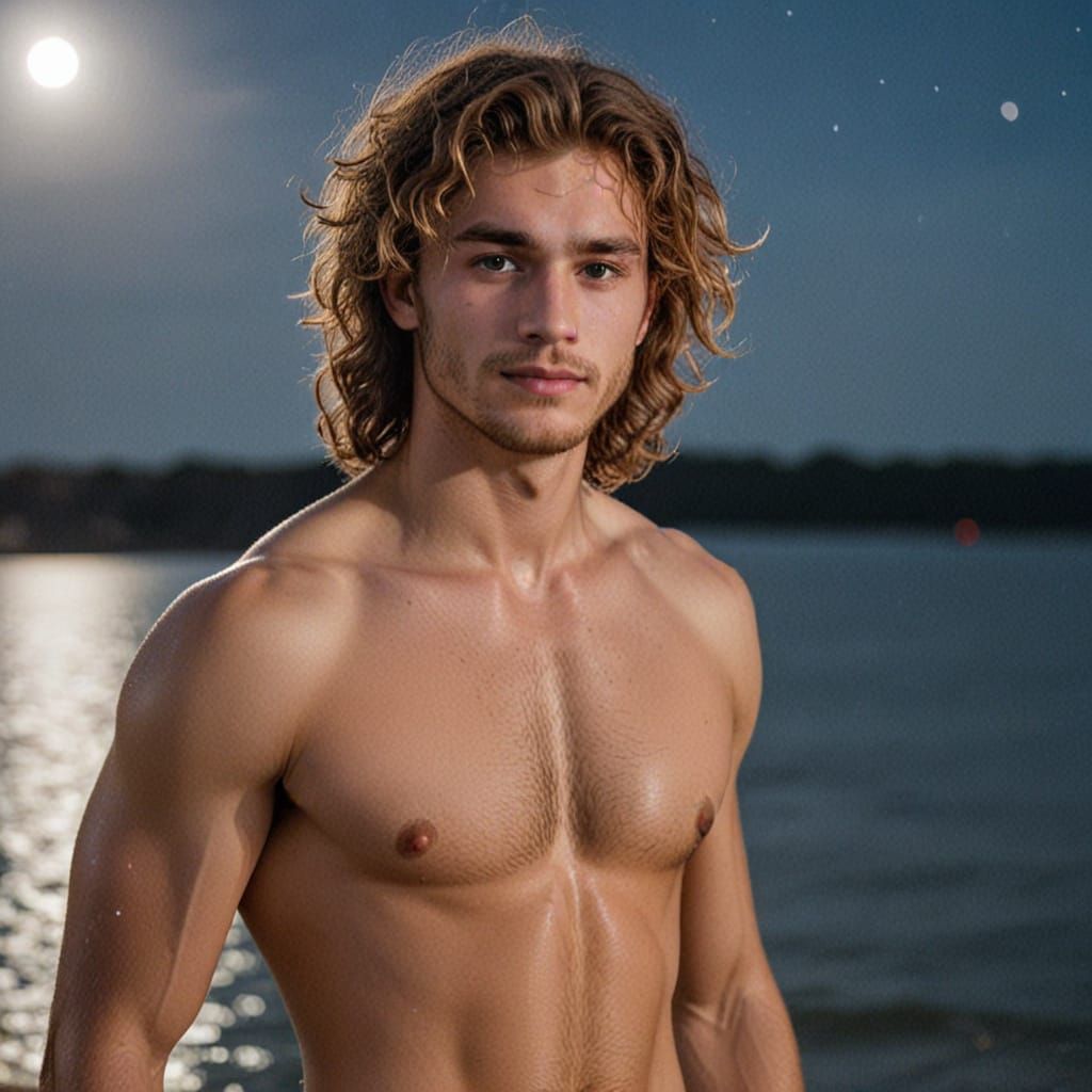 Handsome Man with Long Hair in Moonlight