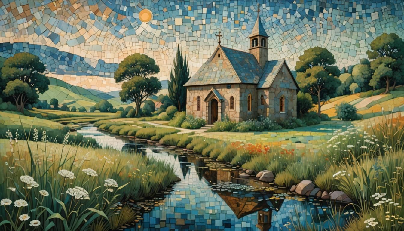 Chapel and Farmhouse Mosaic Stone Art in Surrealist Style