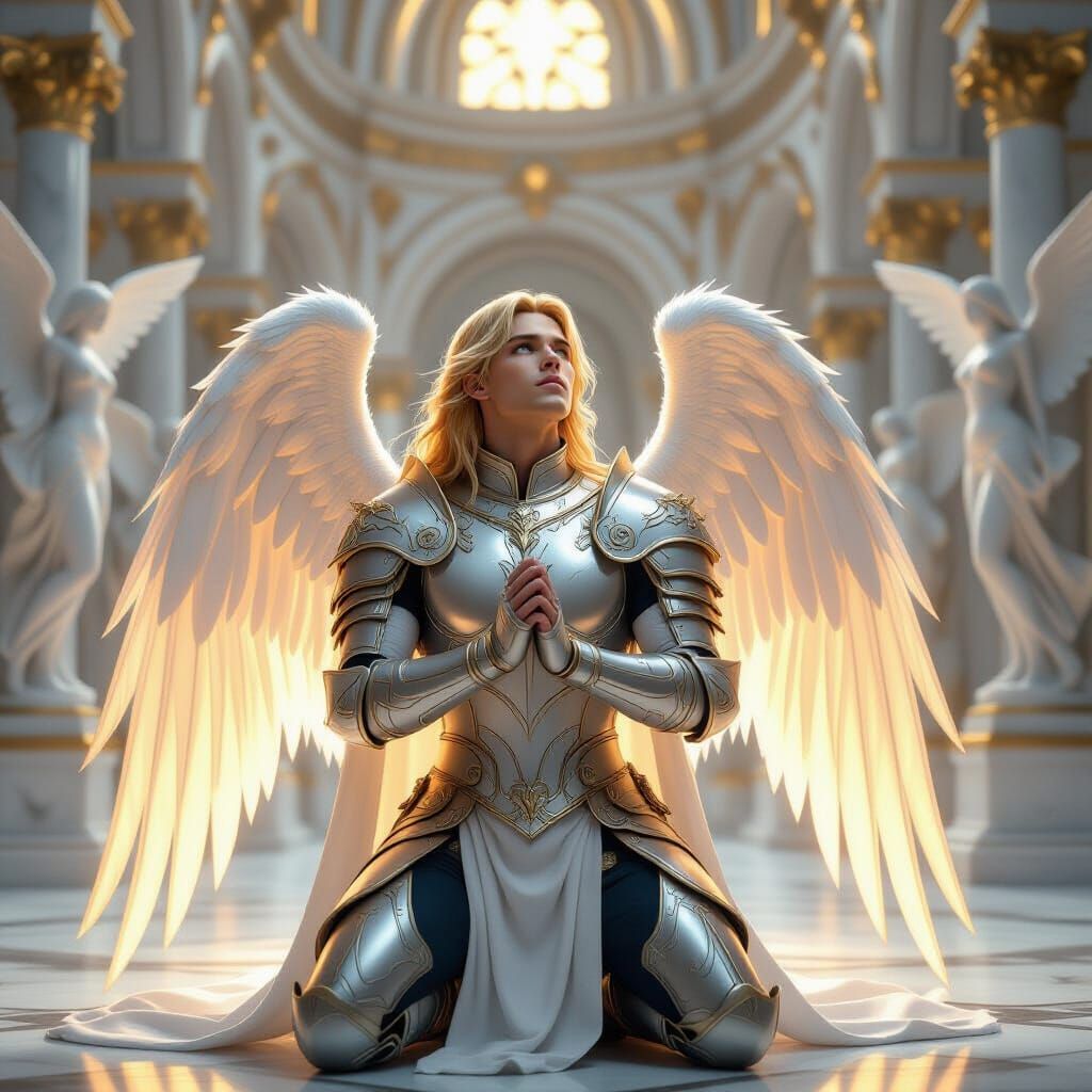 Praying Angel in Golden Cathedral, 3D Rendered
