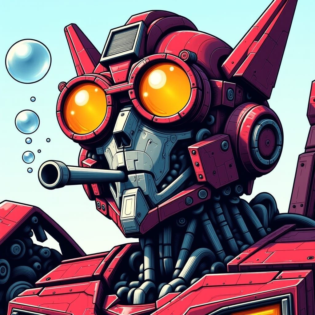 Relaxed Autobot Robot Blowing Bubbles, Futuristic Mech Art